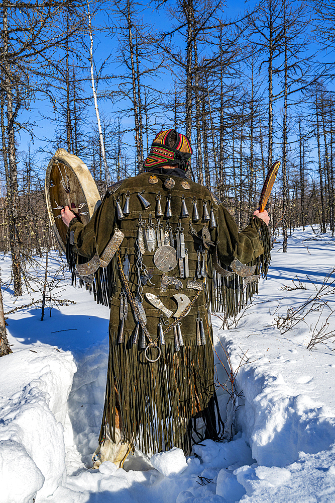 Traditional dressed Shaman, Tura, Krasnoyarsk Krai, Evenki state, Russia