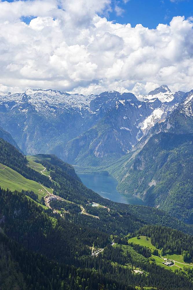 View over the Bavarian Alps and Koenigssee from Kehlsteinhaus (Eagle Nest), Berchtesgaden, Bavaria, Germany, Europe