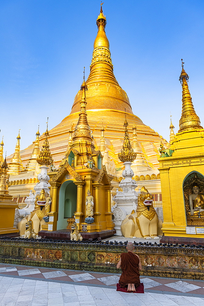 Monk praying before the Shwedagon pagoda, Yangon (Rangoon), Myanmar (Burma), Asia