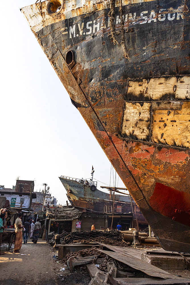 Ships being broken up in the shipwreck cemetery (ship breaking yard), Port of Dhaka, Bangladesh, Asia