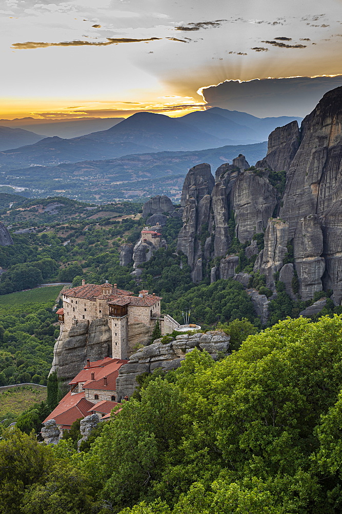 Holy Monastery of St. Nicholas Anapafsas at sunset, UNESCO World Heritage Site, Meteora Monasteries, Greece, Europe