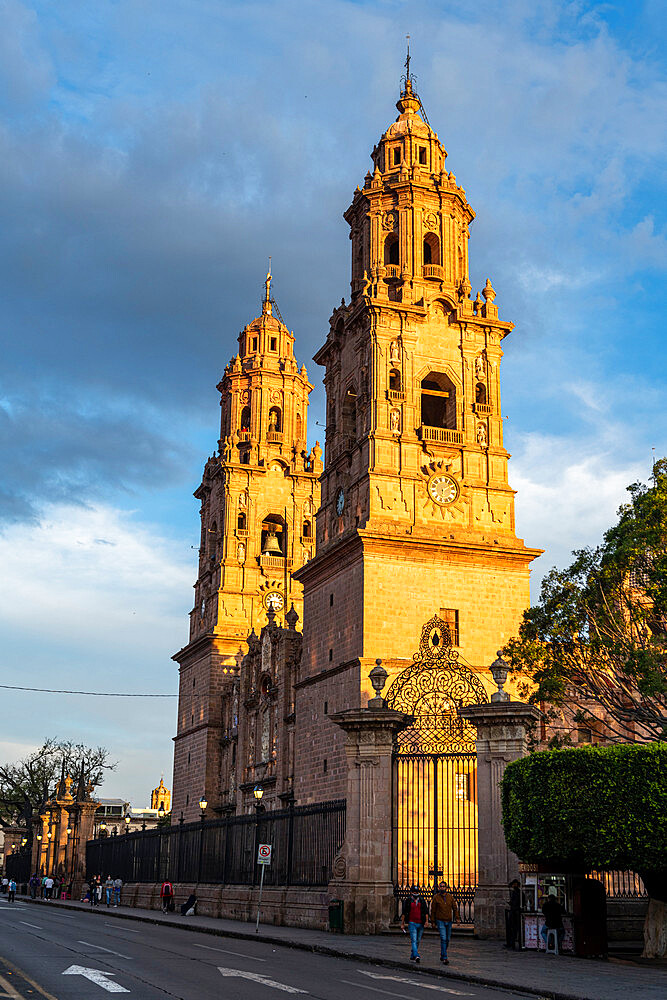 Morelia Cathedral at sunset, UNESCO World Heritage Site, Morelia, Michoacan, Mexico, North America