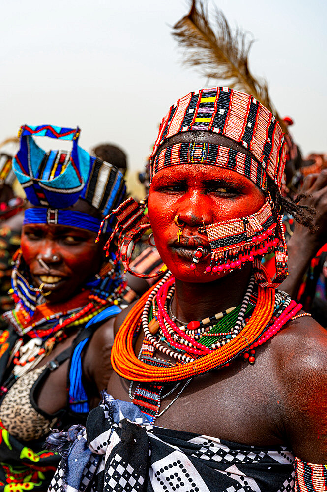 Traditional dressed women of the Jiye tribe, Eastern Equatoria State, South Sudan, Africa