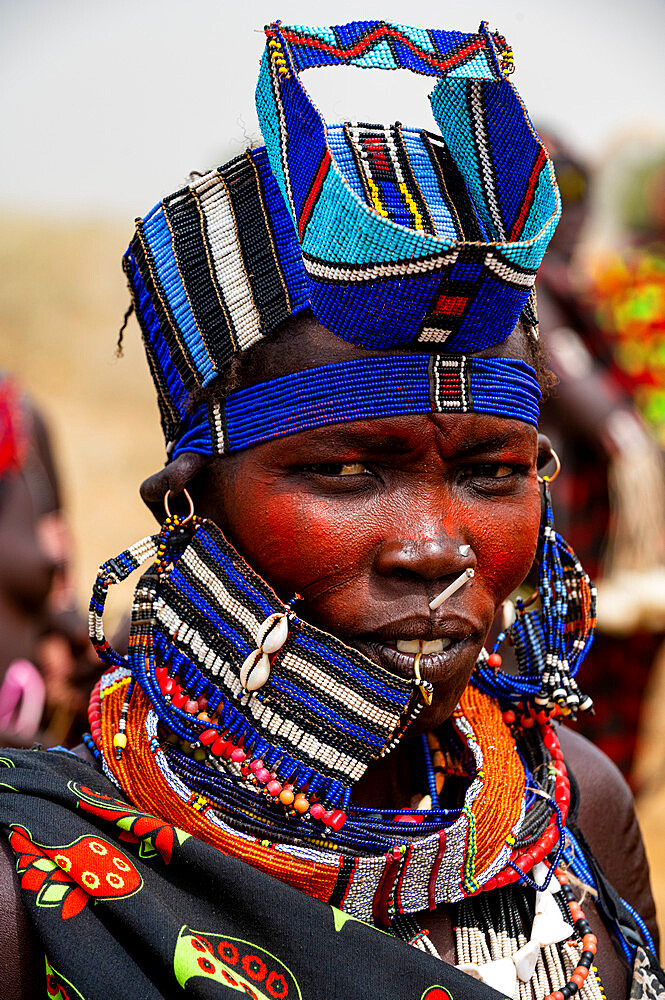 Traditional dressed woman of the Jiye tribe, Eastern Equatoria State, South Sudan, Africa