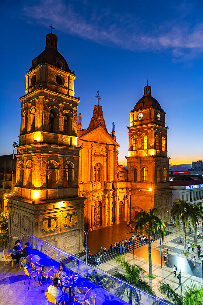 Cathedral Basilica of St. Lawrence at nighttime, Santa Cruz de la Sierra, Bolivia, South America