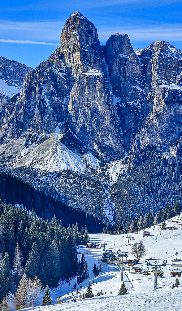 Sassongher mountain above Corvara, Dolomites National Park, UNESCO World Heritage Site, South Tyrol, Italy, Europe