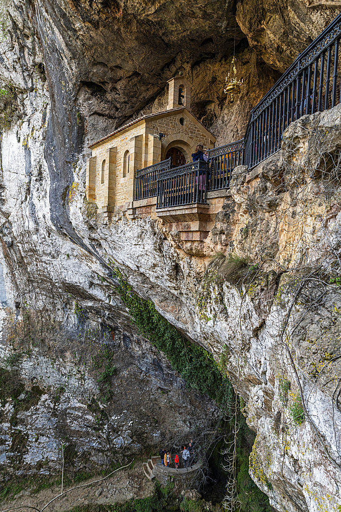 Sanctuary below the Basílica de Santa María la Real de Covadonga, Picos de Europa National Park, Asturias, Spain, Europe