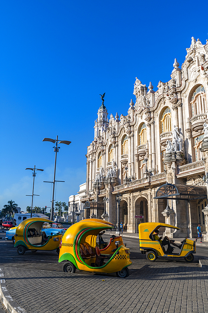 Coco taxis in front of the Theatre of Havana, Cuba, West Indies, Central America