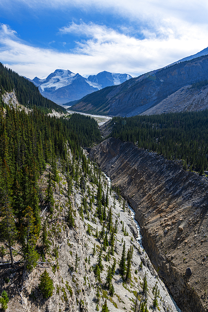 View into the valley from the Columbia Icefield Skywalk, Glacier Parkway, Alberta, Canada, North America