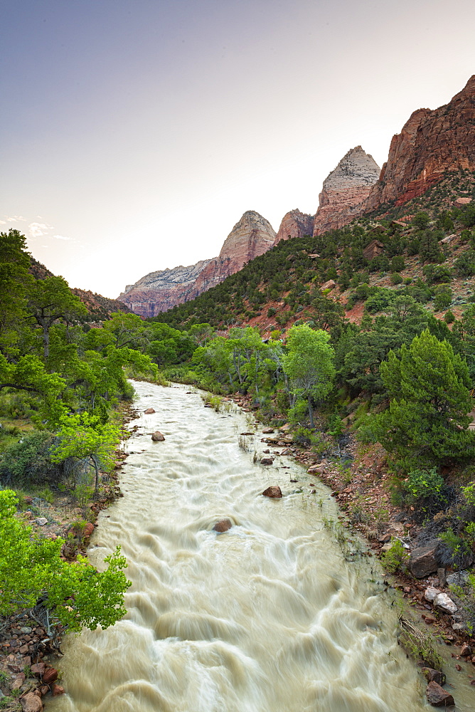 View down the Virgin River to the Watchman, Zion National Park, Utah, United States of America, North America