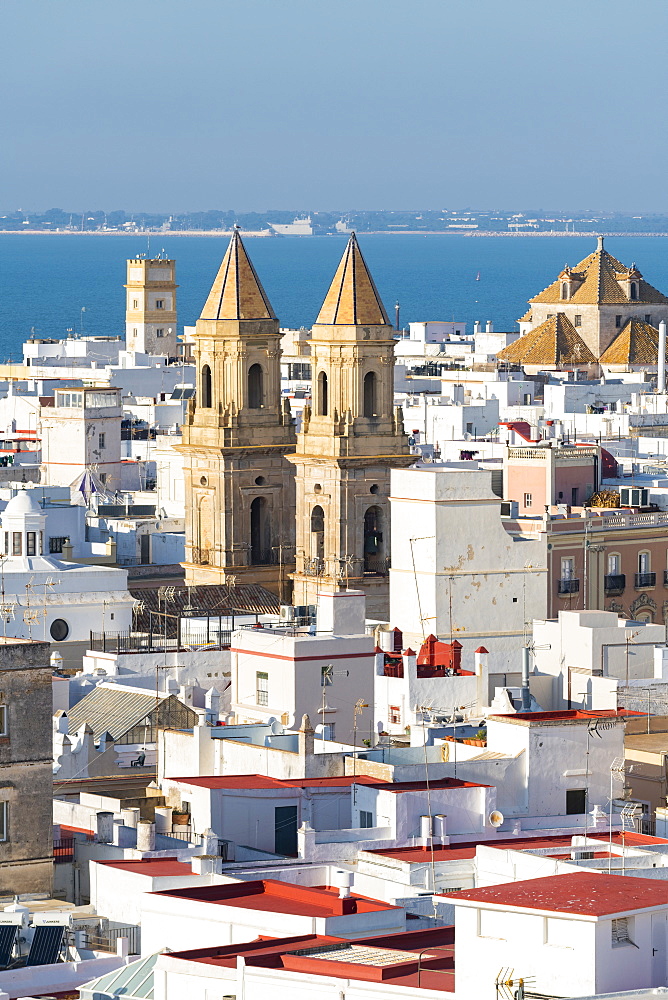 Rooftops and St. Anthony of Padua seen from the Tavira Tower Cadiz, Andalusia, Spain, Europe