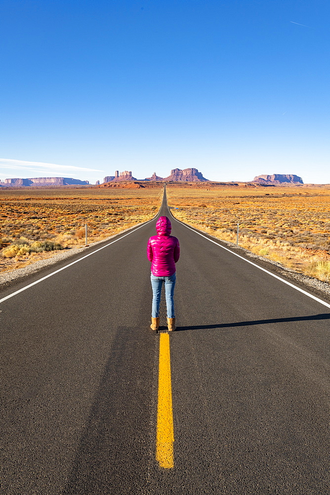 The road leading up to Monument Valley Navajo Tribal Park on the Arizona-Utah border, United States of America, North America