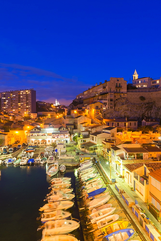 Port Du Vallon Des Auffes at night, Marseille, Bouches du Rhone, Provence, Provence-Alpes-Cote d'Azur, France, Mediterranean, Europe