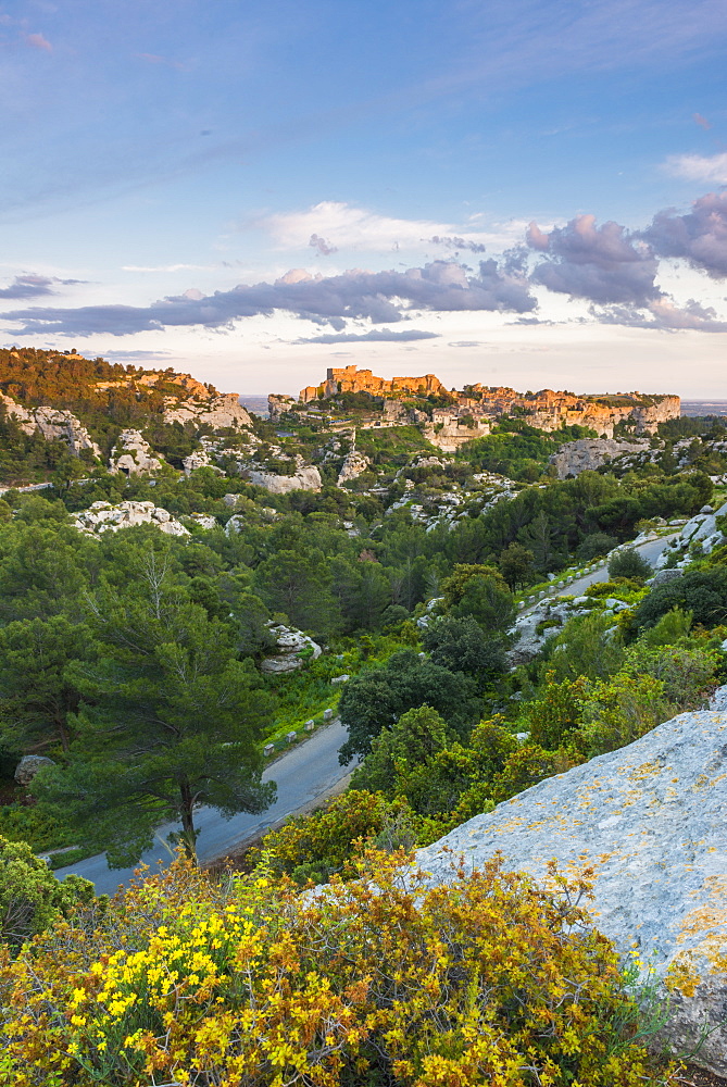 View over the valley to Les Baux-de-Provence, Bouches du Rhone, Provence, Provence-Alpes-Cote d'Azur, France, Europe