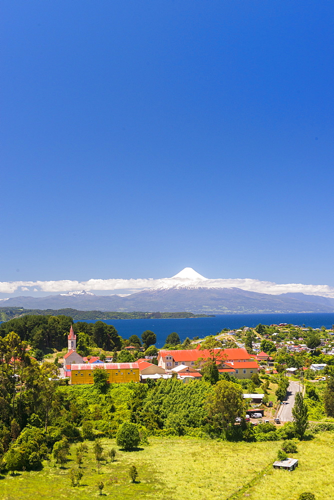 View over the church to lake Llanquihue and Volcan Osorno, Puerto Varas, Chilean Lake District, Los Lagos, Chile, South America