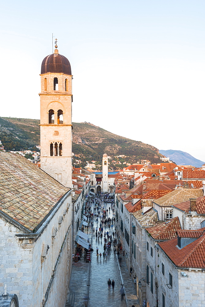 View down Stradun from the city walls, UNESCO World Heritage Site, Dubrovnik, Croatia, Europe