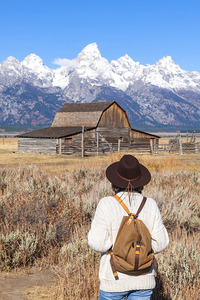 Mormon Row and Teton Range, Grand Teton National Park, Wyoming, United States of America, North America