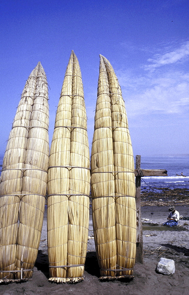 Fishing boats, peru. Trujillo. Reed boats made by fisherman on the north of the pacific coast