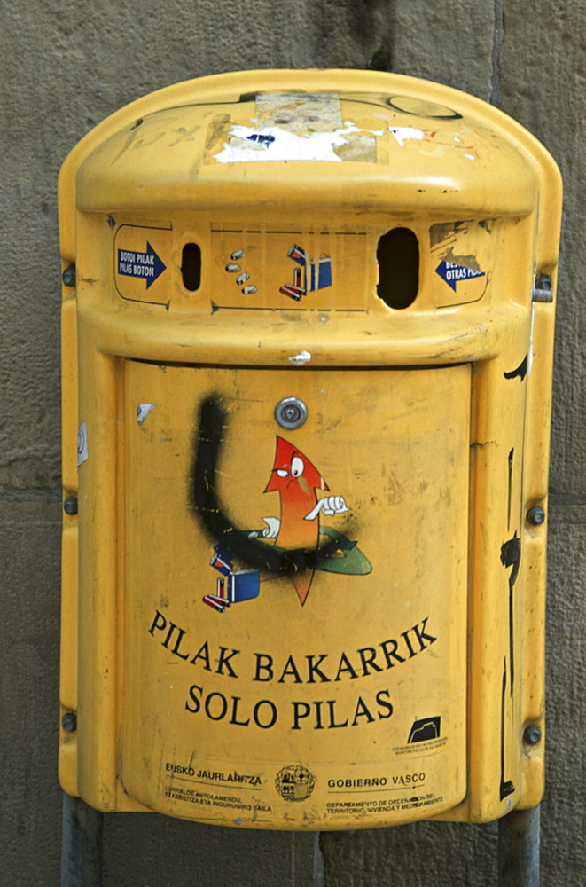 Spain, battery recyling bin in bilbao in the basque country