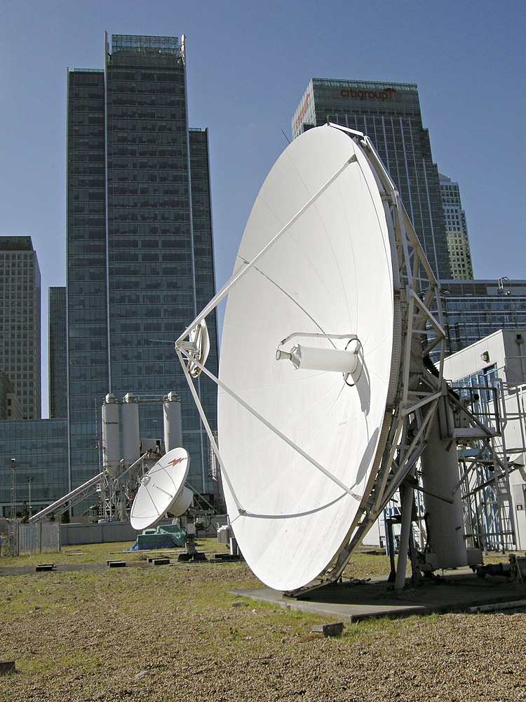 Uk. Satellite dishes in canary wharf in east london