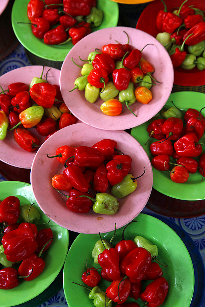 Peppers, spices and vegetables for sale at a market in Borneo, Malaysia, Southeast Asia, Asia