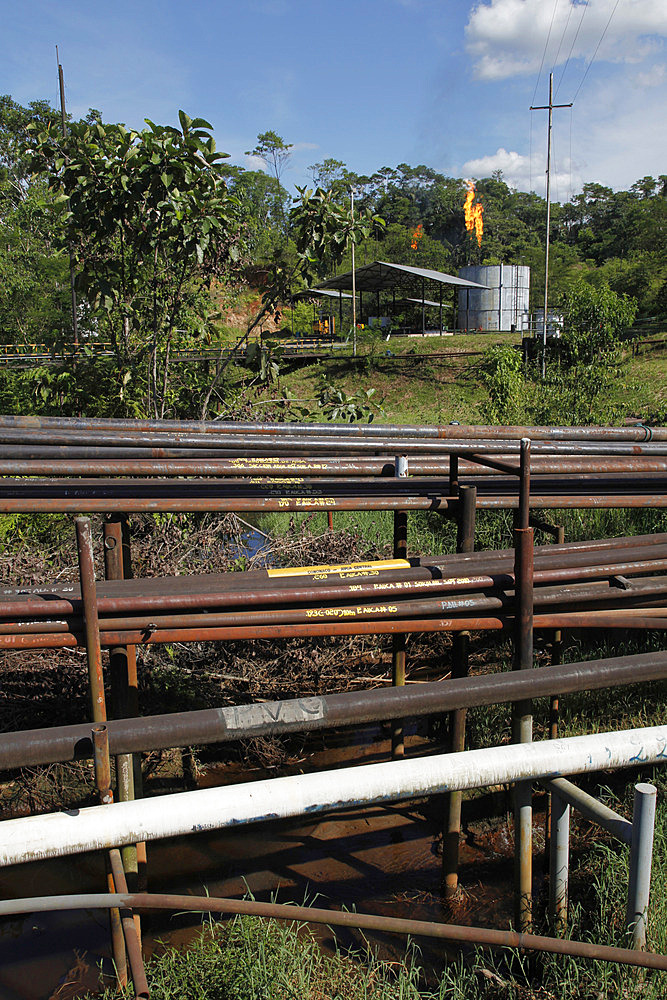 Oil extraction and pollution in the Amazon, Huaorani Amerindians trying to survive through eco-tourism against the threat of oil multinationals, Yasuni National Park, Amazon, Ecuador, South America