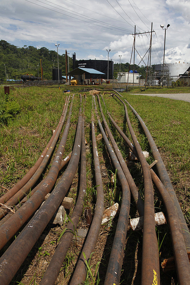 Oil extraction and pollution in the Amazon, Huaorani Amerindians trying to survive through eco-tourism against the threat of oil multinationals, Yasuni National Park, Amazon, Ecuador, South America