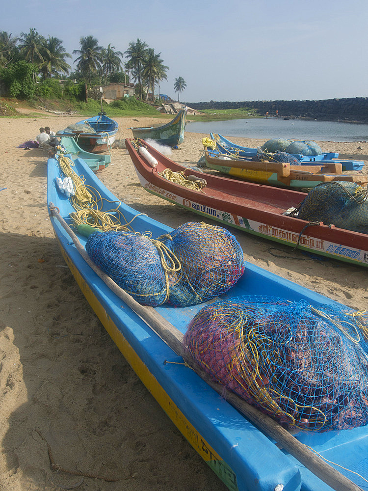 Fishing boats and nets on the beach at the French union territory of Pondicherry, Tamil Nadu, India, Asia