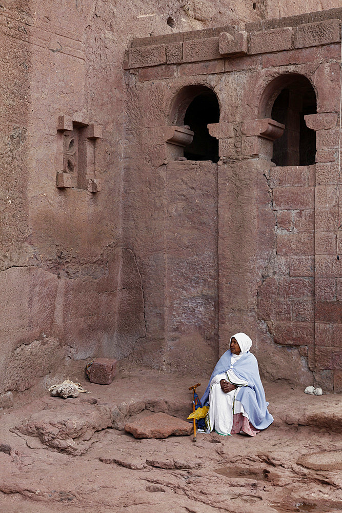 Pilgrim during the Easter Orthodox Christian religious celebrations in the ancient rock-hewn churches of Lalibela, Ethiopia, Africa