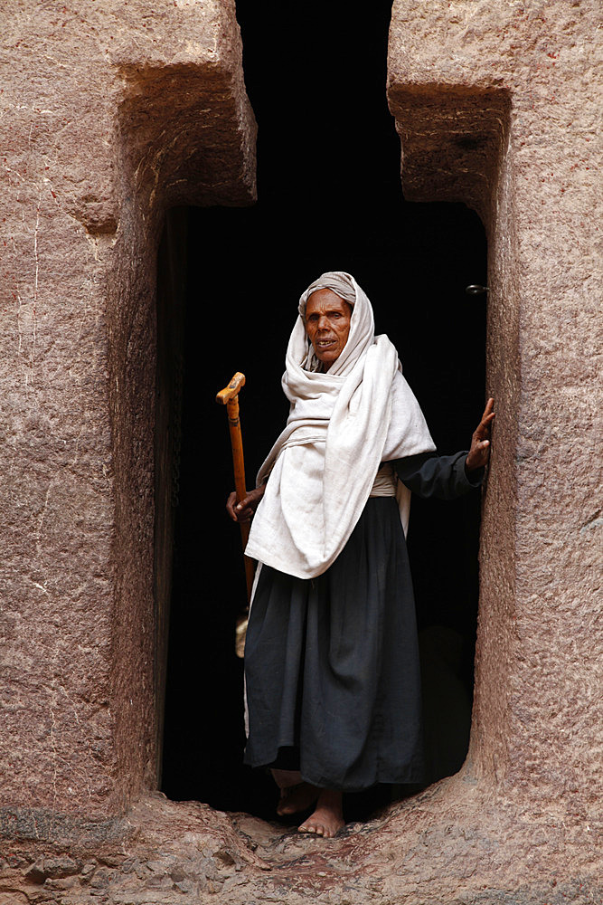 Pilgrim during the Easter Orthodox Christian religious celebrations in the ancient rock-hewn churches of Lalibela, Ethiopia, Africa