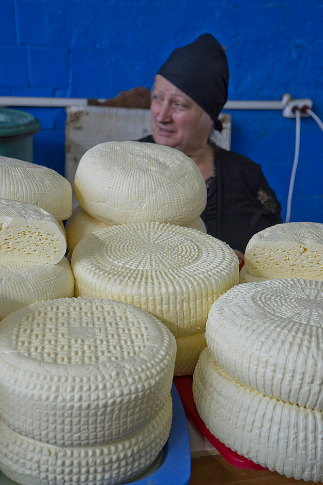 Traditional Sulguni cheese for sale at the market in Kutaisi, Georgia, Central Asia, Asia