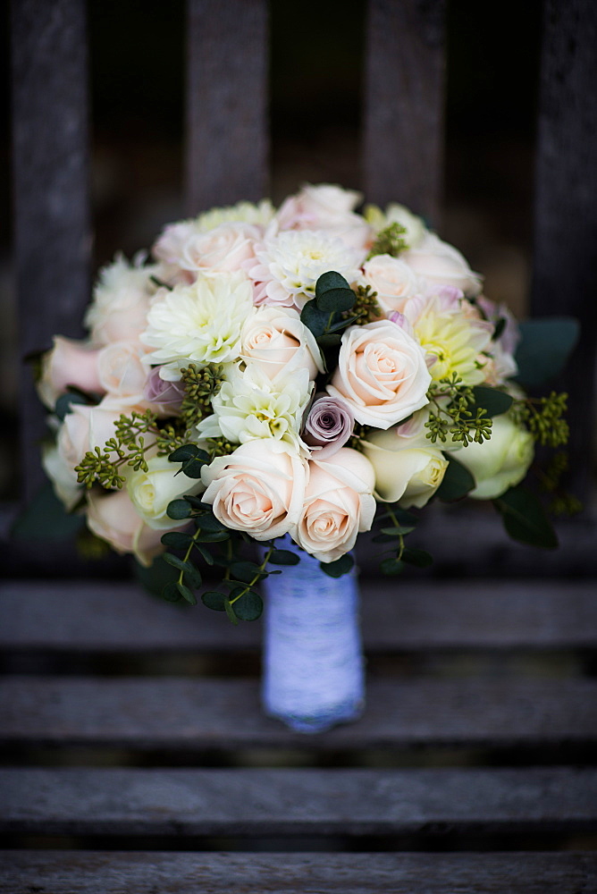 Bouquet on bench, United Kingdom, Europe