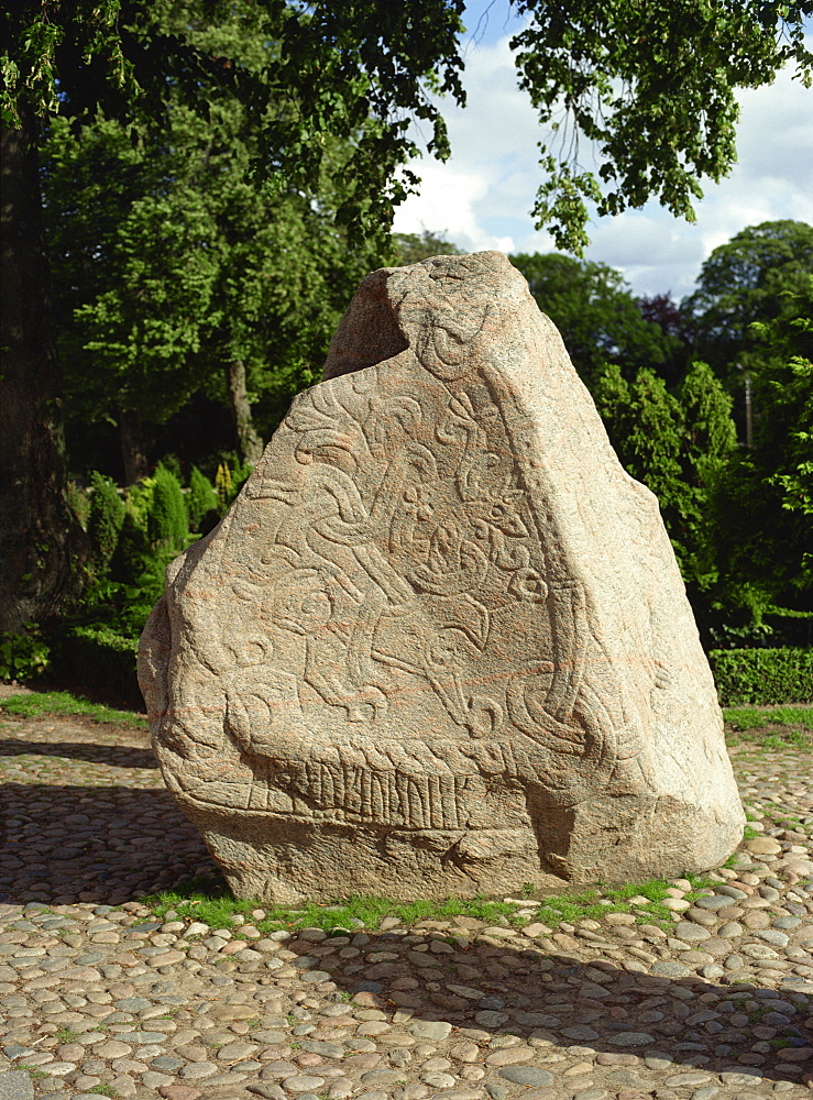 Rune stone referring to burials of Harald Blue Tooth, in Jelling churchyard, near Vejle, Central Jutland, Denmark, Scandinavia, Europe