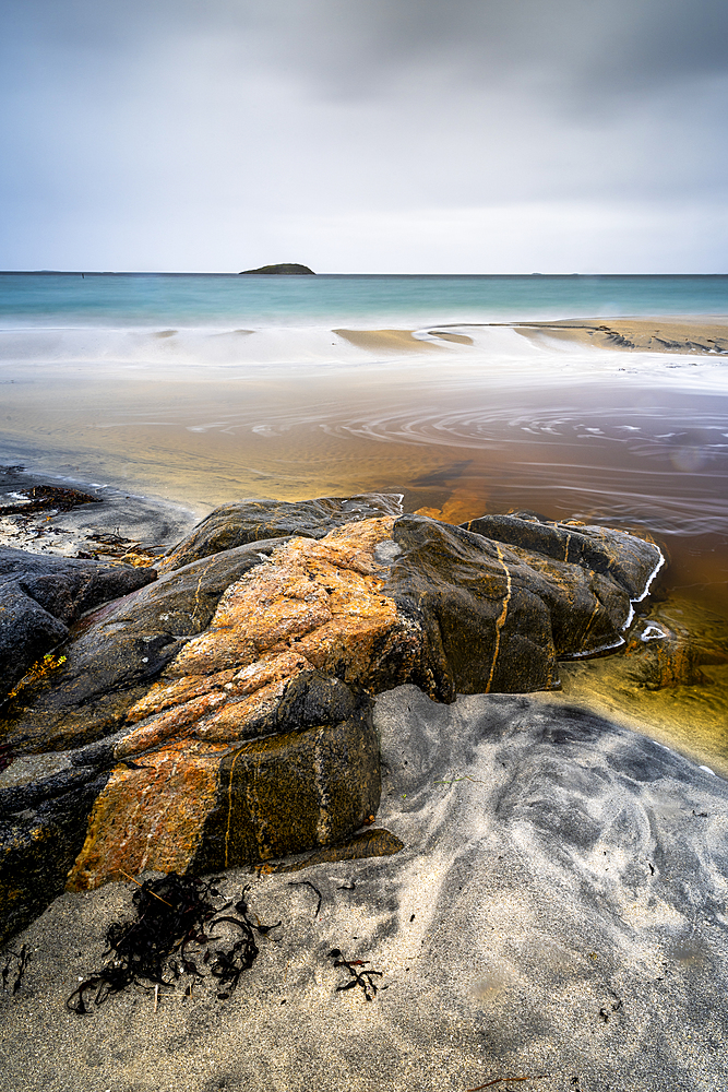 Rock formation and sandy beach, Sandvika, Senja, Norway, Scandinavia, Europe