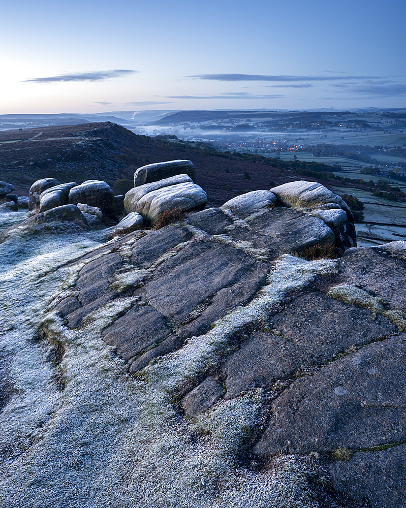 View from Curbar Edge at dawn in autumn, Peak District National Park, Derbyshire, England, United Kingdom, Europe