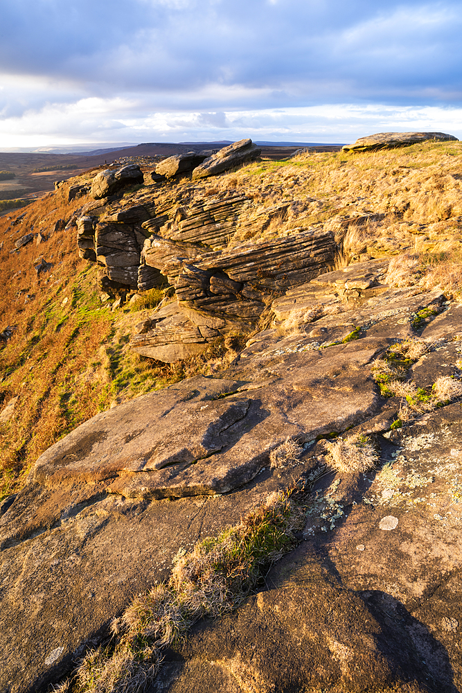 View from Stanage Edge, evening light, Peak District National Park, Derbyshire, England, United Kingdom, Europe