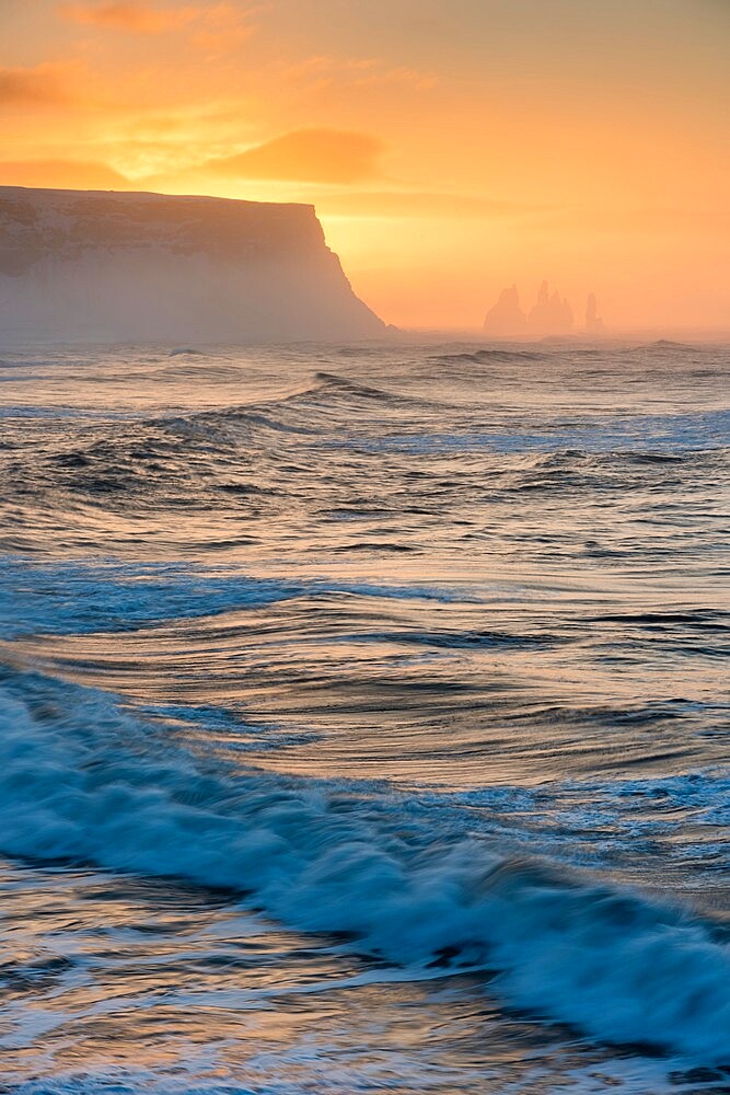 View looking towards Reynisfjara beach, at sunrise, Iceland, Polar Regions