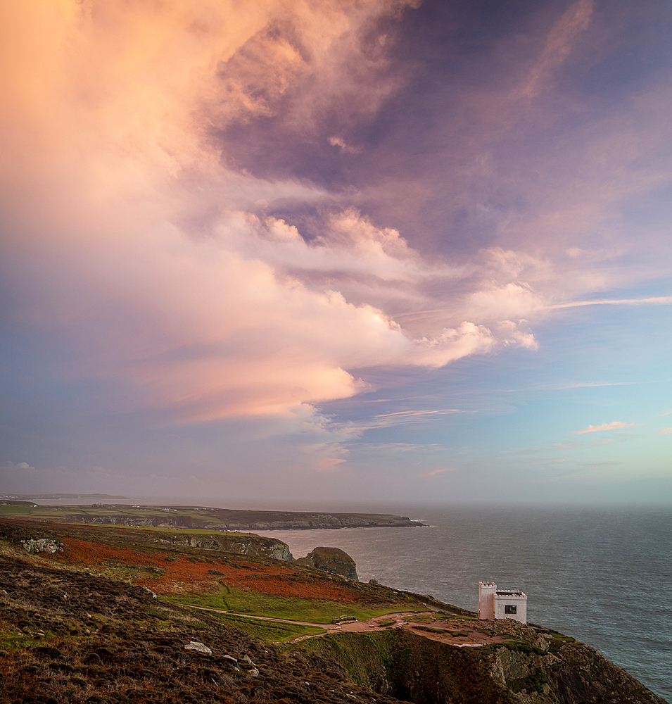 Elin's Tower at dusk, RSPB South Stack, Holy Island, Anglesey, Wales, United Kingdom, Europe