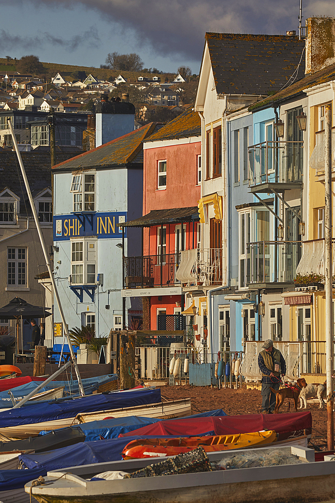Harbourfront buildings along the edge of the Back Beach, beside the harbour in the estuary of the River Teign, in Teignmouth, Devon, Great Britain.