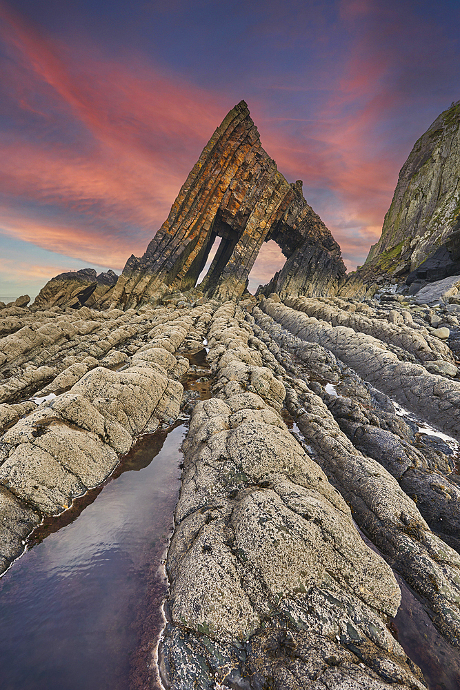 The massive triangle of Blackchurch Rock, on the north coast of Devon, near Clovelly, Devon, England, United Kingdom, Europe