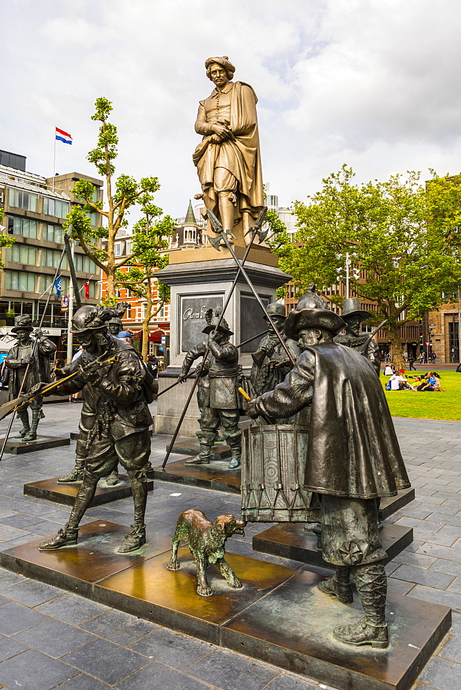 The statue of Rembrandt designed in 1852 by sculptor Louis Royer, Rembrandtplein square, Amsterdam, Netherlands, Europe