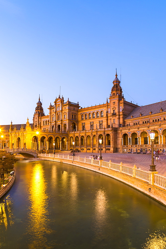 Plaza de Espana at dusk, built for the Ibero-American Exposition of 1929, Seville, Andalucia, Spain, Europe