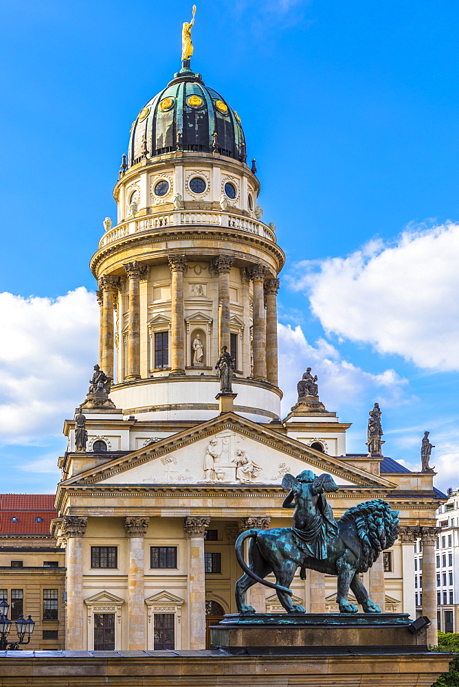 Statue in front of French Cathedral on Gendarmenmarkt square, Berlin, Germany, Europe