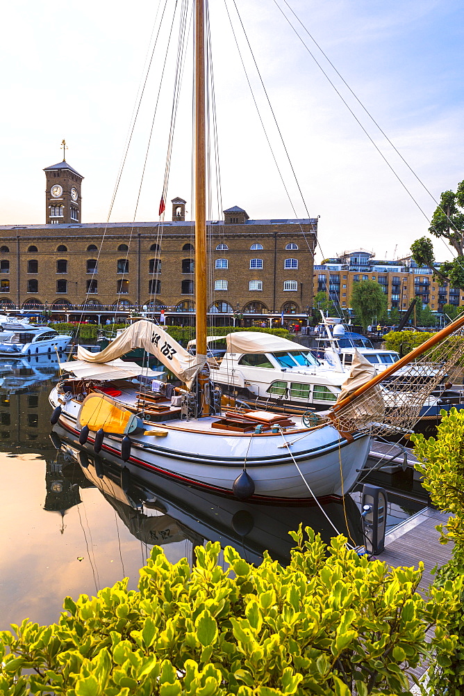 Boats moored at St. Katherine Docks, London, England, Europe