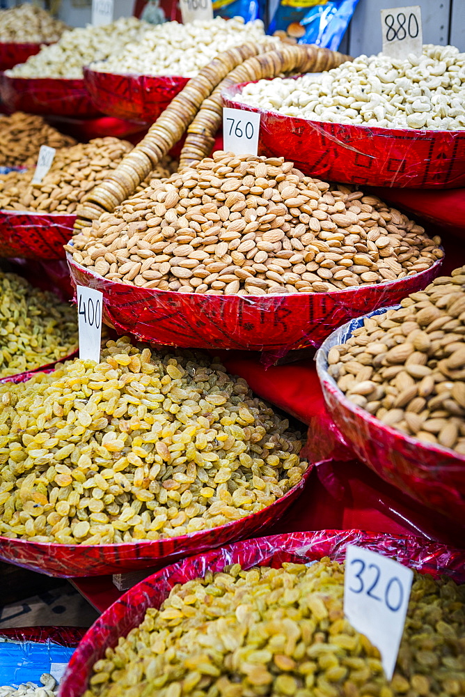 Close up of nuts and raisins for sale in New Delhi, India, Asia