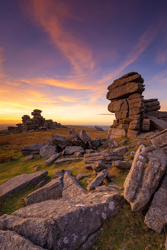 Great Staple Tor at sunset in Dartmoor National Park, England, Europe