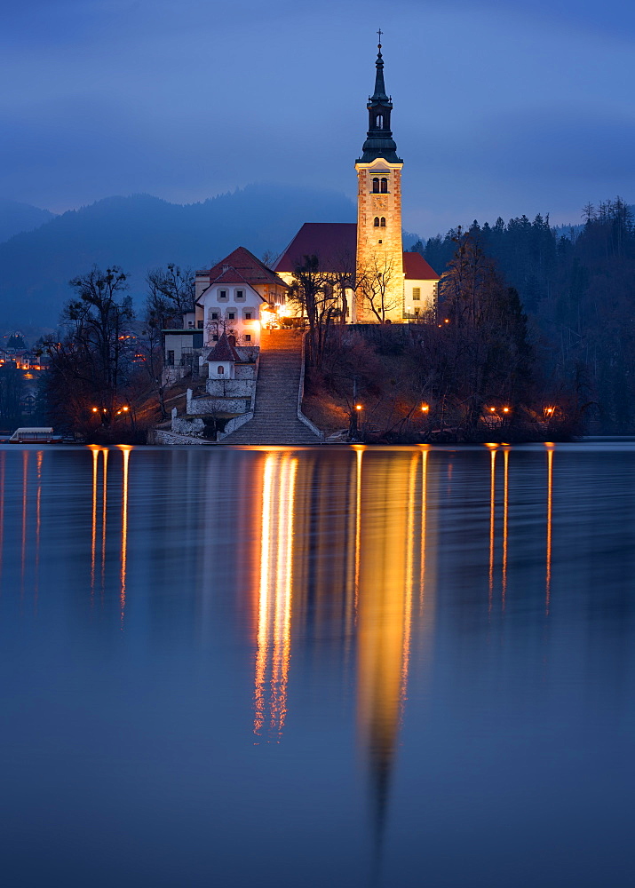 The Church of the Assumption at night, Lake Bled, Slovenia, Europe