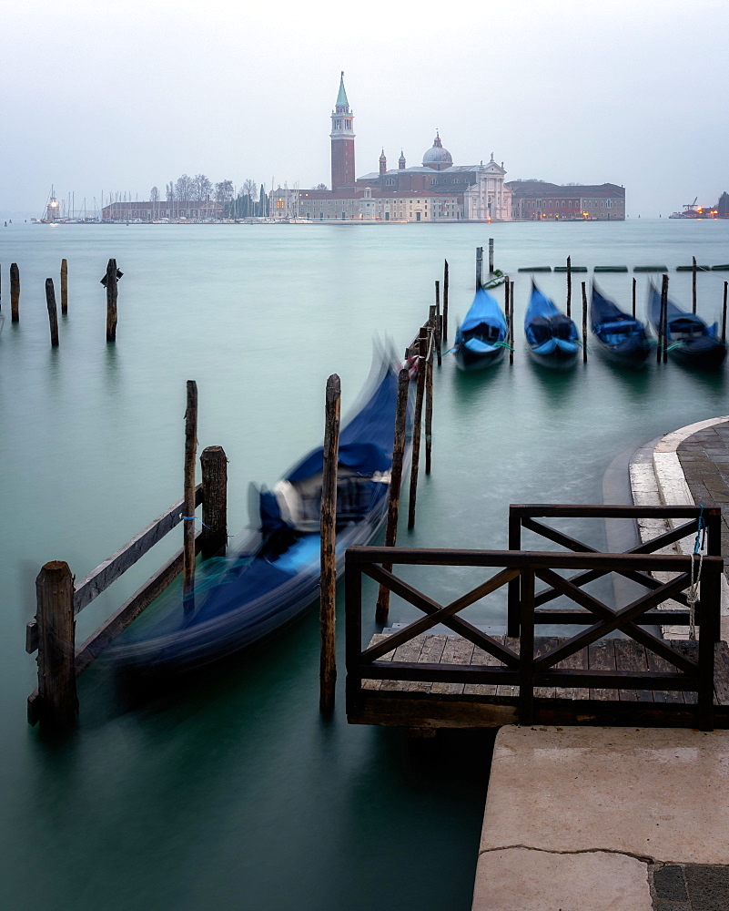 Long exposure of gondolas by San Giorgio Maggiore, Venice, Italy, Europe