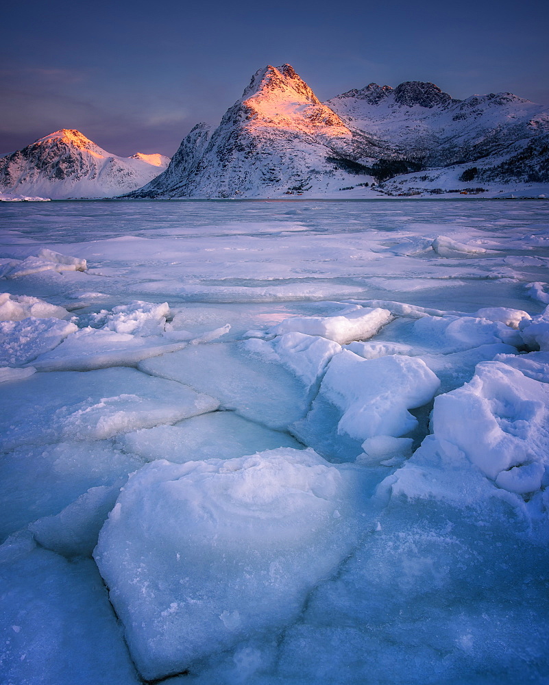 Cracked ice of Flakstadoya lake, Lofoten Islands, Nordland, Norway, Europe