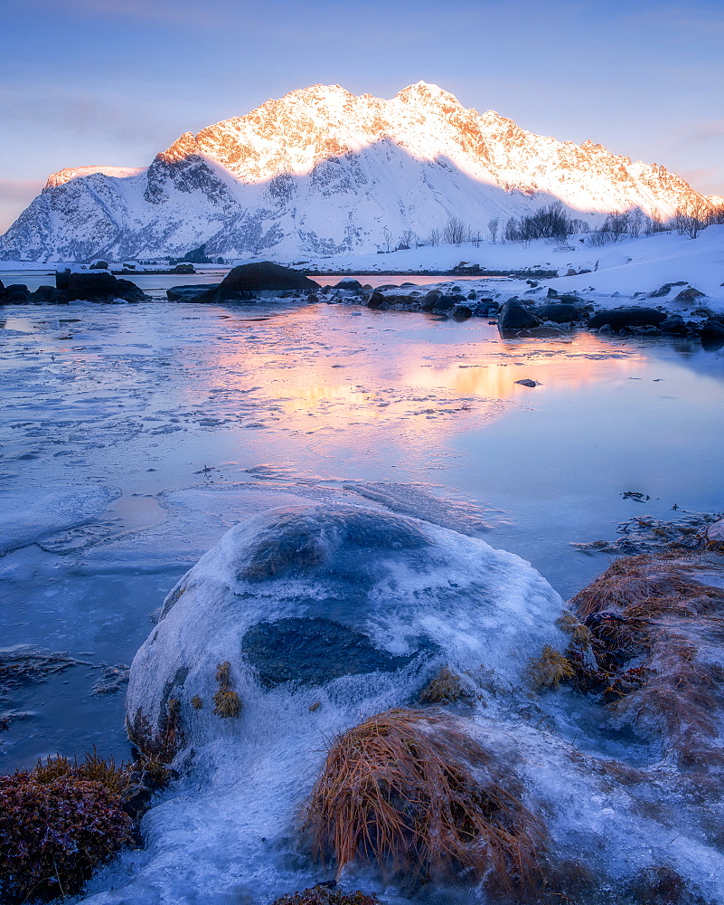 Frozen lake and mountain of the Lofoten Islands, Nordland, Norway, Europe